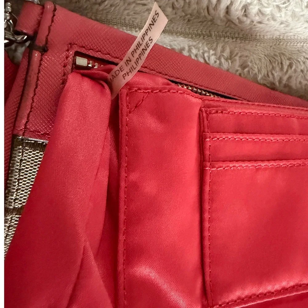 Coach Signature Canvas Saffiano Leather Wristlet Coral Pink Khaki 52860 - Picture 5 of 15